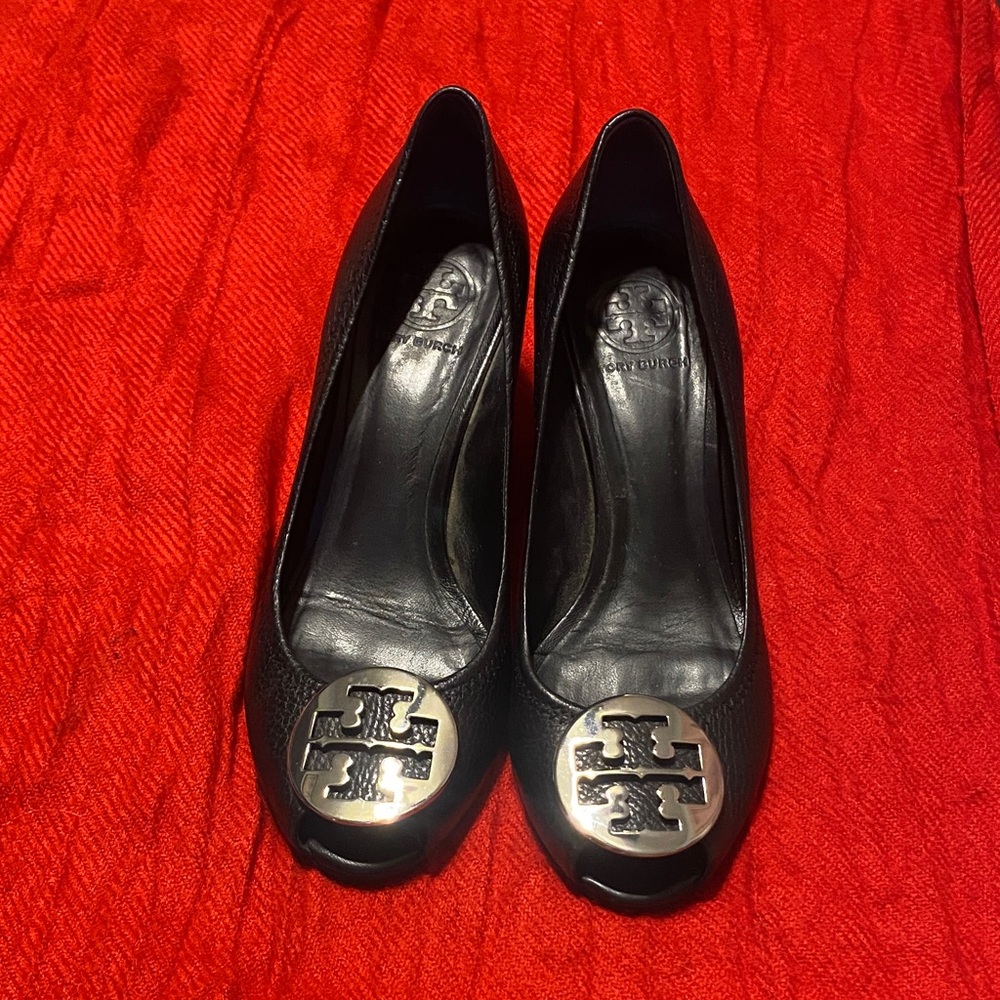 Tory Burch Black Wedge heels with peep-toe with Silver Accent